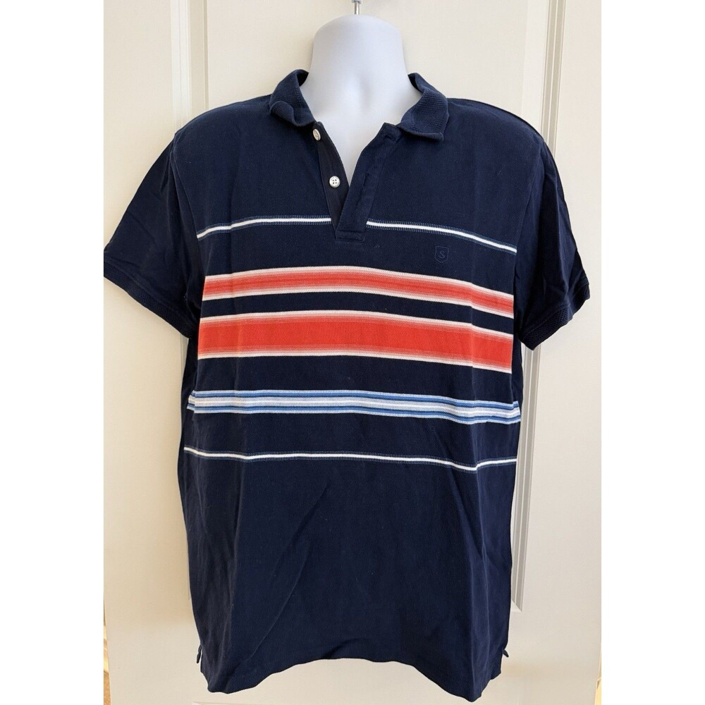 Men’s Knit Polo Salsa Jeans, XL But Fits Like M, Navy W/ Red/White Stripes, GUC